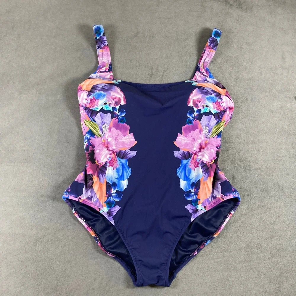 Lands End Womens Floral One Piece Swimsuit Navy Blue Purple Pink Size 12
